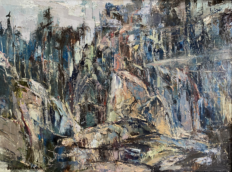 Joshua Meador 1911-1965, Sur Montage, #1924, 1958 (an abstract of the colors and textures to be seen on the Big Sur Coast)  Oil on Linen, 20 x 27  $6,500 