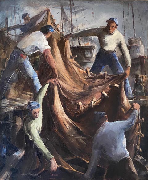 Strikingly similar by  Bodega Bay Heritage Gallery artist Joshua Meador, 1911-1965 Tending the Net, Joshua Meador Family Collection
