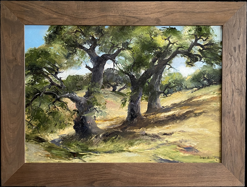 Joshua Meador 1911-1965, The Three Sisters, three California oaks lined up on a slanting golden California hillside