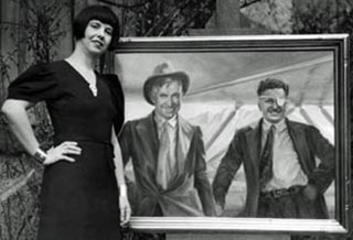Orpha Kinker and her portrait of Wil Rogers and Wiley Post