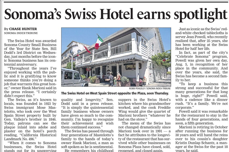 Press Democrat 8 6 22, Sonoma's Swiss Hotel earns Spotlight