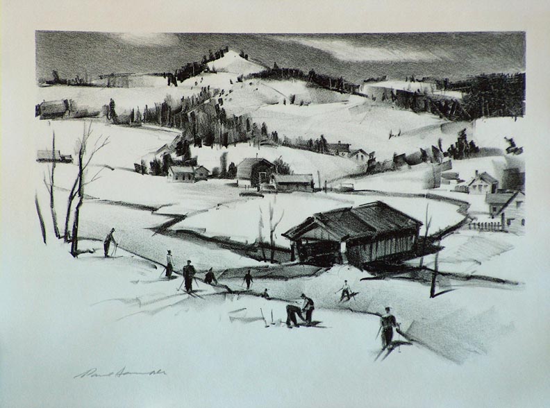 Paul Sample Slope Near the Bridge Lithograph
