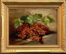 J. Clinton Spencer, Currants, a lush painting of a bunch of currants with leafy greenery