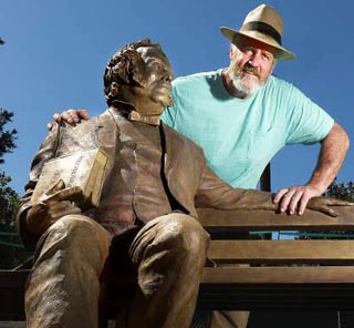 Sculptor Jim Callahan with his Sonoma Square bronze statue of General Vallejo on a Park Bench