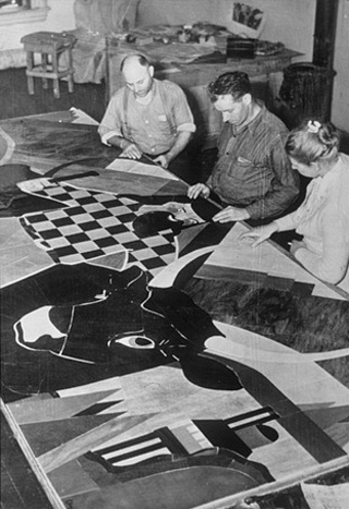 Virginia Darce with assistants working on the Paul Bunyun mosaic
