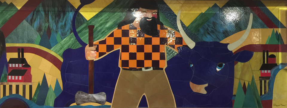 Virginia Darce's Glass Mural, Paul Bunyan and his Blue Ox Babe at the Timberline Inn on Mt Hood, Oregon