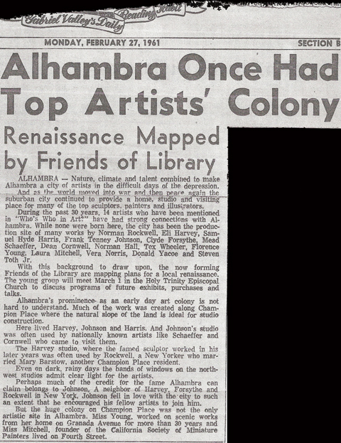 Article citing Florence Young with regards to her home in Alhambra, California near the homes of other artists, including those on Alhabra's "Artists Alley"