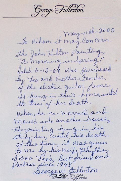 John W Hilton A Morning in Spring Provenance Letter from George Fullerton explaining the painting was once owned by Leo Fender
