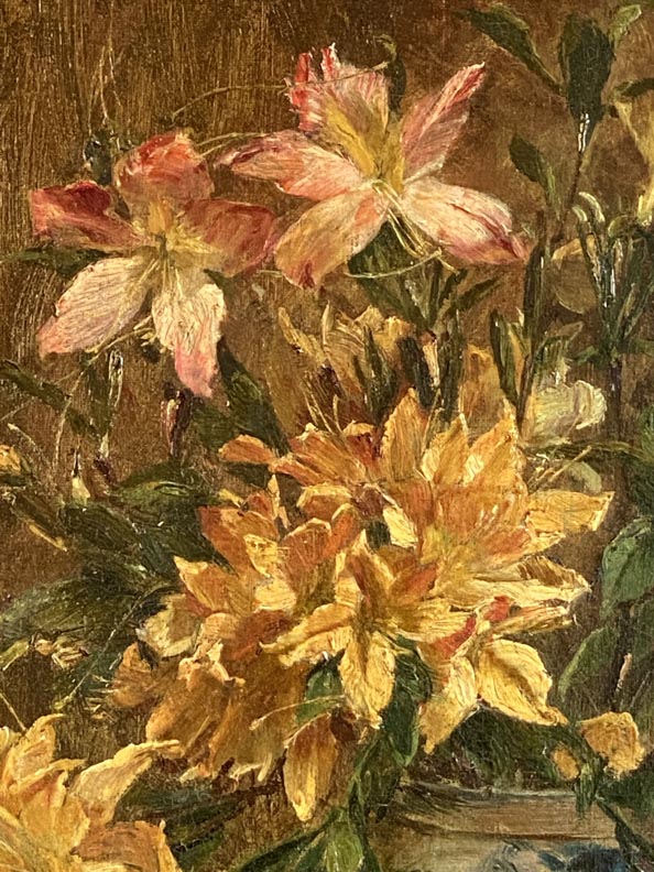 American School, Lilies in blue and white porcelain, unsigned closeup