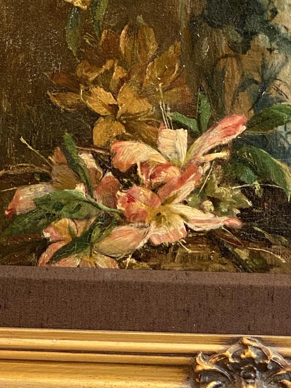 American School, Lilies in blue and white porcelain, unsigned closeup