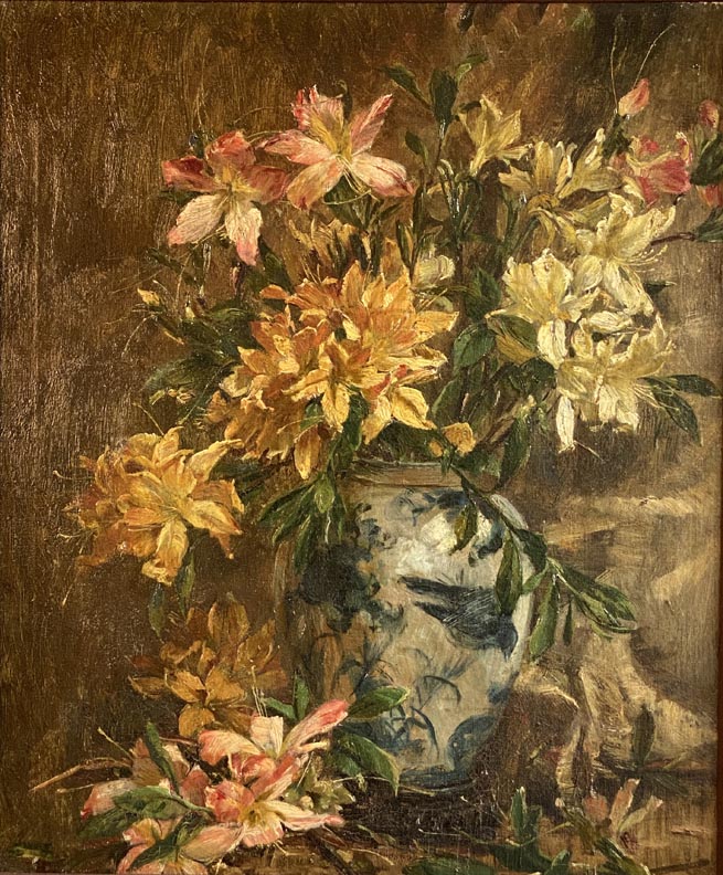 American School, Lilies in blue and white porcelain, unsigned