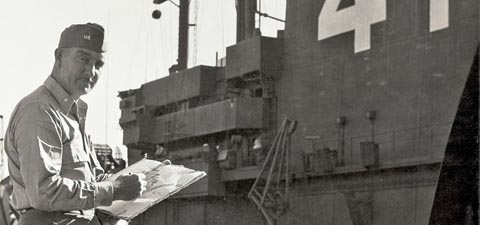 Arthur Beaumont aboard the USS Aircraft carrier Midway in 1945, soon after the ship was commissioned.