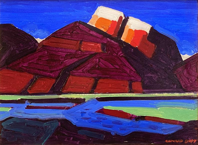 Conrad Buff, Mountain River, a mountain river flowing past a twin white peaked mountain, with blue water and green riverbanks.