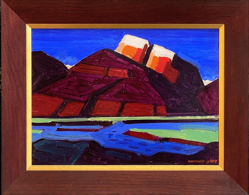 Conrad Buff, Mountain River, a mountain river flowing past a twin white peaked mountain, with blue water and green riverbanks.
