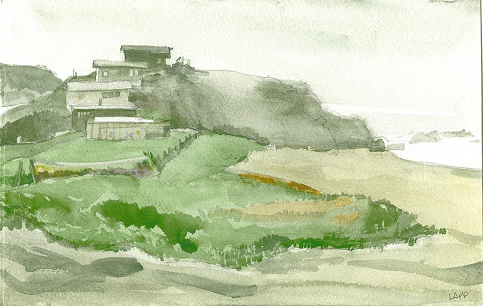Maurice Lapp, Scotty Beach Shacks, Bodega Bay, c1980 watercolor, 9 3/8 x 14 3/4, private collection, sold by Annex Galleries, Santa Rosa