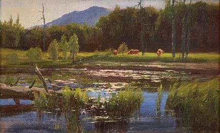 Gordon Coutts, a pastoral scene with cattle grazing next to a pond with a dead log and water grasses in the foreground, and a blue Mount Tamalpais in the background.