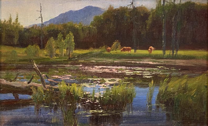 Gordon Coutts, a pastoral scene with cattle grazing next to a pond with a dead log and water grasses in the foreground, and a blue Mount Tamalpais in the background.