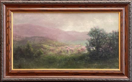 Carl Dahlgren, pastoral scene with some fog or thick atmosphere rollling over sheep grazing in a green meadow with distant hills