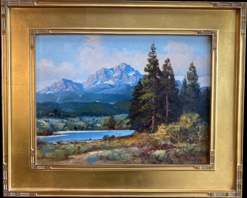 Alexander Dzigurski, the Eastern Sierra, a small Alpine lake with pine trees with a mountain in the distance