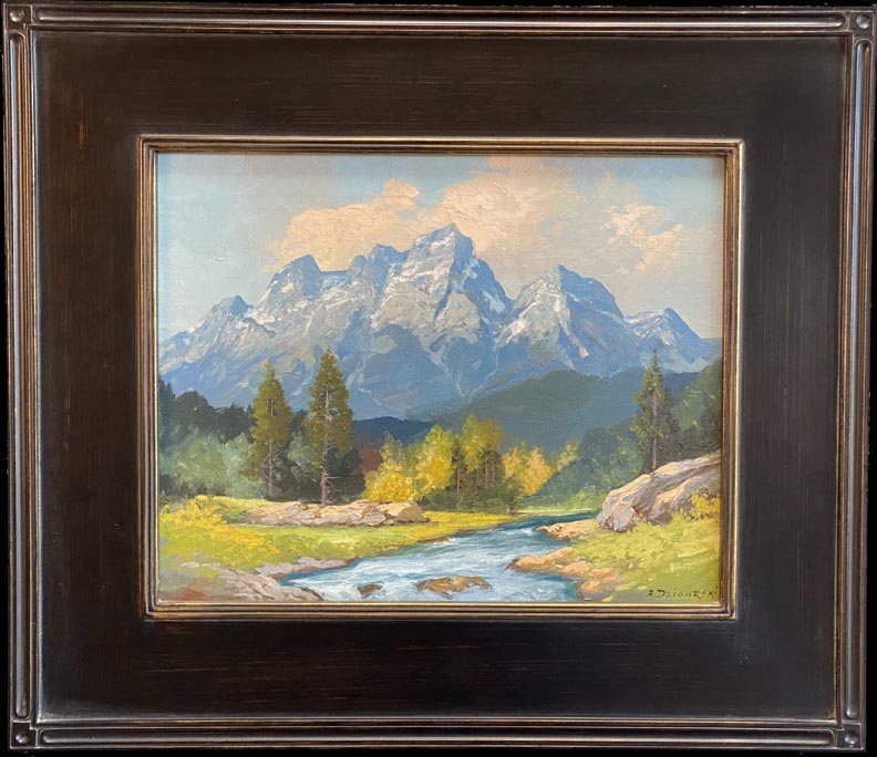 Alexander Dzigurski, Grand Tetons Stream with jagged peaks in the background