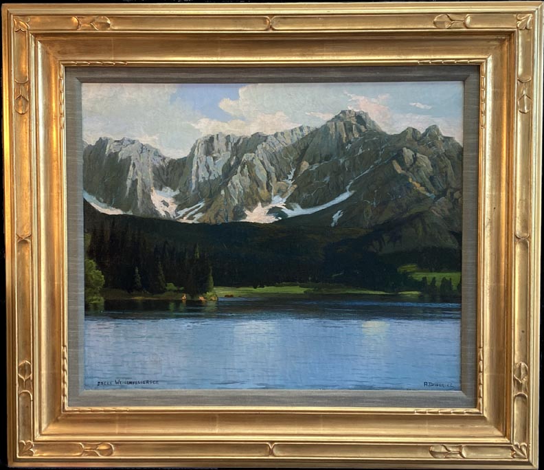 Alexander Dzigurski, Obere Weisenfelsersee, an Austrian lake with green shoreline and the Alps Peaks towering in the background
