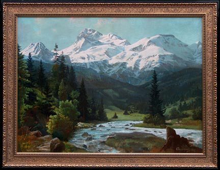 Alexander Dzigurski, Wochein, 1943, A scene of Slovenia's Mount Triglav in the background with a mountain streem