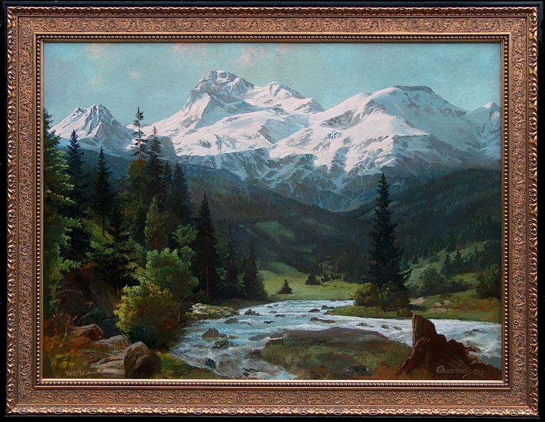 Alexander Dzigurski, Wochein, 1943, A scene of Slovenia's Mount Triglav in the background with a mountain stream