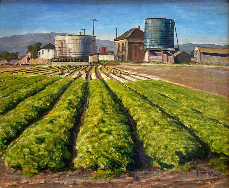 Justin Faivre, Old Bay Farm Island, Sacramento River Delta, rows of green abundant produce receeding into distant farm buildings and watering tanks