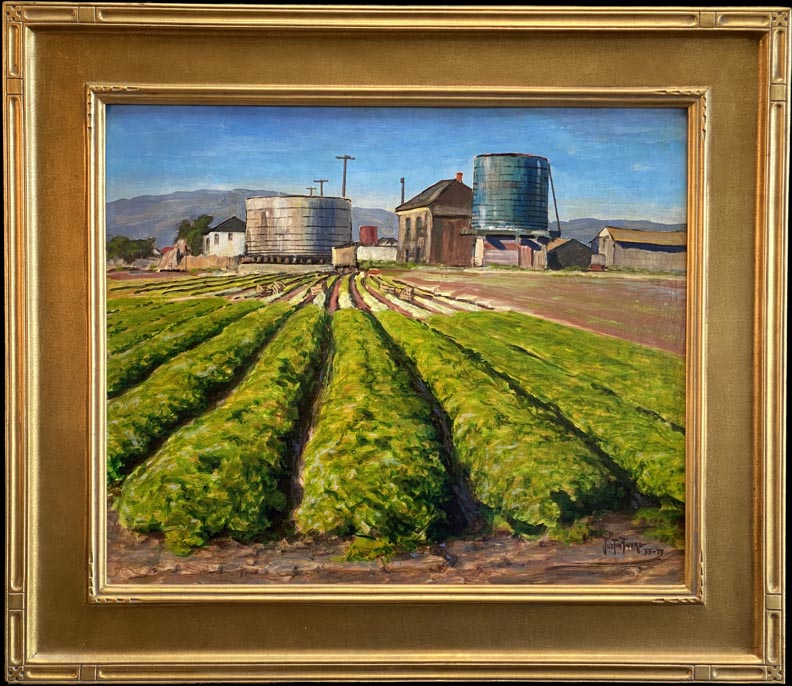 Justin Faivre, Old Bay Farm Island, Sacramento River Delta, rows of green abundant produce receeding into distant farm buildings and watering tanks