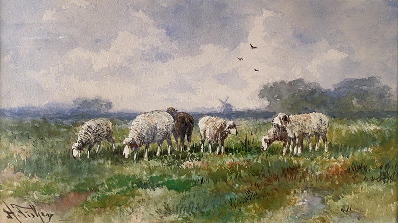 Hugo Anton Fisher, 1854-1916, Six Sheep Watercolor, 7 1/2x 13 3/4  $1,800