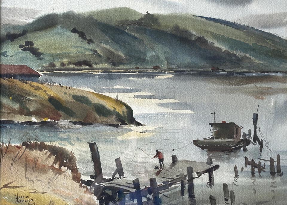 Harold Gretzner, Bayside Pier Fishing ,available, Bodega Bay Heritage Gallery Collection