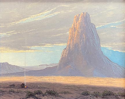 John W Hilton, Monumnet, a prospector figure is in the foreground left with a campfire, smoke rising to the heavens, in the background, a monument of Monument Valley, appearing as folded hands.  Across the center of the scene, a breadth of light illuminating the desert floor.