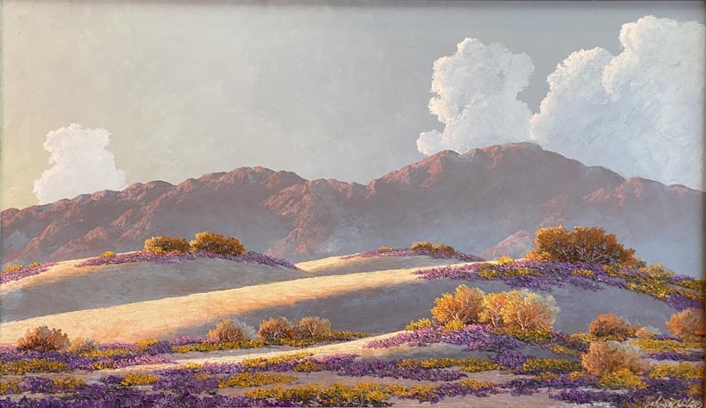 John W Hilton, A Morning in Spring, Dunes with blooming purple Desert Verbena with distant mountains and billowing white clouds in the morning light.