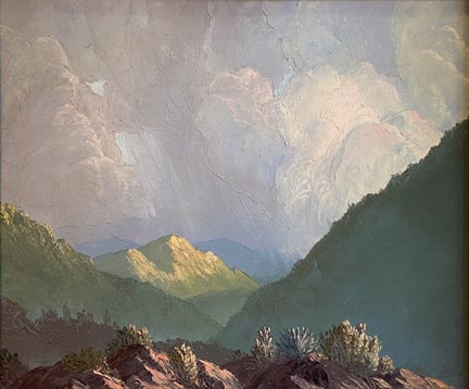 Hilton, John W, Twentynine Palms, a scene looking up a green canyon with thunderhead clouds in pinks, purples and grays.