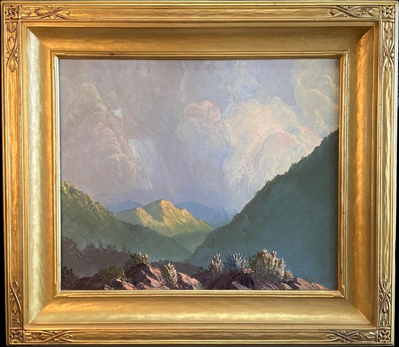 Hilton, John W, Twentynine Palms, a scene looking up a green canyon with thunderhead clouds in pinks, purples and grays.