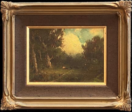 Attributed to William Keith, Grazing Cows in a Clearning.  This painting is done on the back side of a cigar box lid.  Keith often used cigar box tops for panels for smaller paintings.