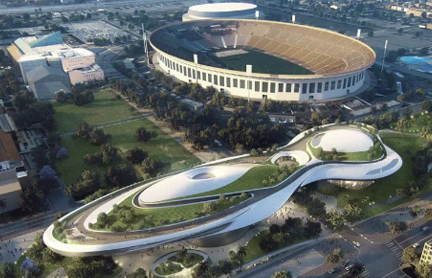 A stunning areal view of the Lucas Museum and the LA Coliseum