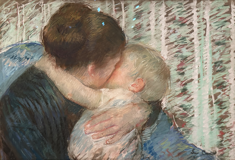 Mary Cassatt, A Goodnight Hug 1880 pastel on brown paper laid down on board, private collection, United States 