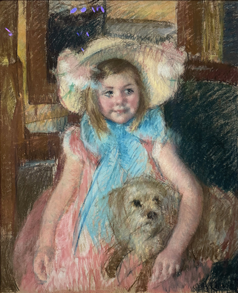 Mary Cassatt, Sara in a Large Flowered Hat Holding her Dog c1901, pastel on paper, collection of Mrs. Diane B Wilsey 