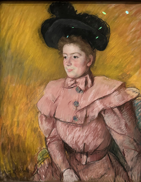 Mary Cassatt,  Woman in a Black Hat and a Raspberry Pink Costume c1905 pastel on paper, collection of Robbi and Bruce Toll 