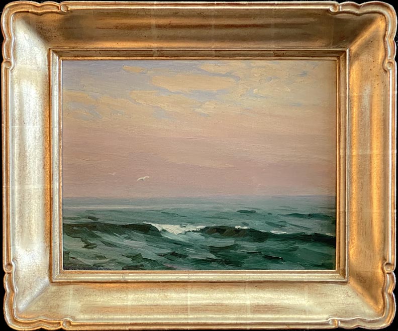 Jean Mannheim, Sunset Glow, a post sunset seascape with dark turquois waters with a mild wave, and a gull flying against a pink sky with pale blues above