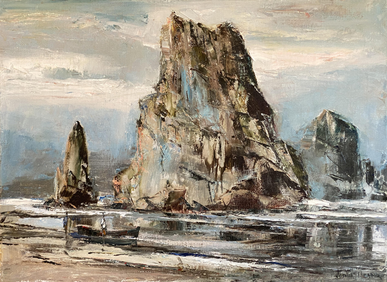 Joshua Meador, Cliff Shapes, Caspar, a scene of huge shoreline rocks with beach comers and surf, off Caspar, California, just north of Mendocino.