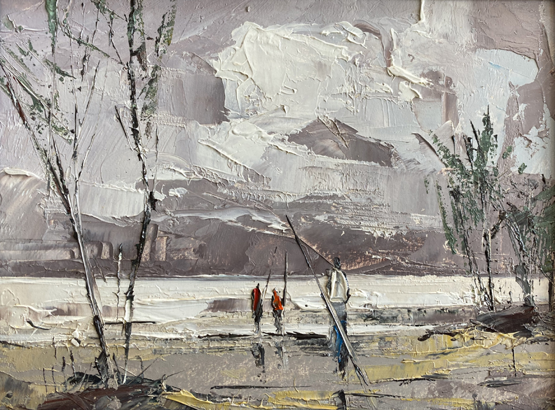 Joshua Meador 1911-1965, Fishing from Shore, oil on board, 6 x 8, $1,500