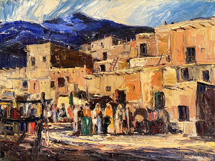 Joshua Meador 1911-1965, Taos Pow Wow Oil on Linen, 18 x 24 $6,000, done in  the early 1950's in Taos, New Mexico