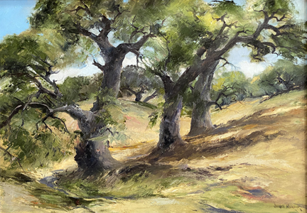 Joshua Meador 1911-1965, The Three Sisters, three California oaks lined up on a slanting golden California hillside