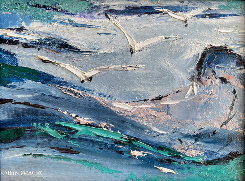 Joshua Meador 1911-1965, Wave Surfing Gulls, Oil on board, 6 x 8, $1,500
