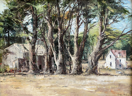 Joshua Meador 1911-1965, A California homestead and Barn next to a line of Eucalyptus Trees