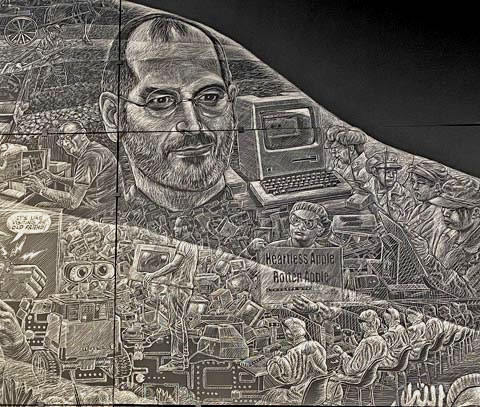 Steve and the high tech revolution. Here, Steve Jobs is pictured with an early Apple and the rusultant flood of computers transforming the world's way of working and interacting, and the huge industry it spawned.