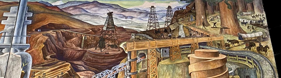 Panel 5 - Top, featuring Mount Lassen and Mount Shasta, and the buildign site for Shasta Dam