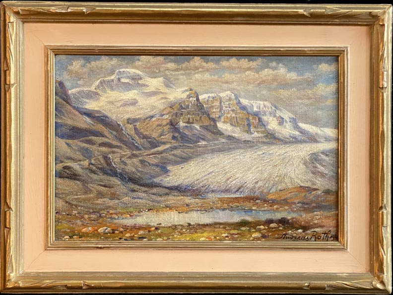 Andreas Roth, "Athabaska Mt. Columbia Icefield 1949" Jasper National Park, Alberta, Canada  Oil on Canvas, 12 x 18  $2,200  